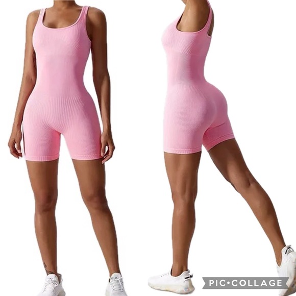 Ortorex Pretty Pink Ribbed Knit Inner Panel Sleeveless One Piece Romper Jumpsuit - Picture 2 of 15